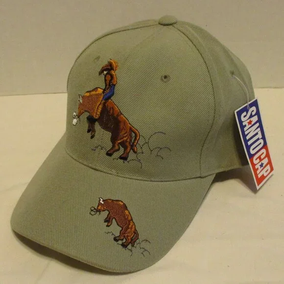 Santo Cap Rodeo Bull Cowgirl NEW Tan Brown Black Embroidered Vintage 1997 Hat - Picture 2 of 10